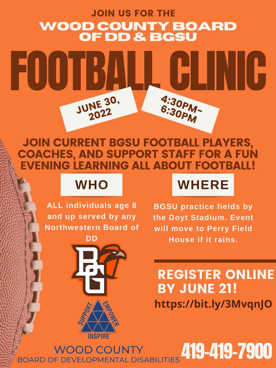 Are you ready for some 🏈with @BG_Football players, coaches, and staff?! Register by June 21 with @woodcountydd at woodcountydd.org/wcbdd-bgsu-foo…. Event open to individuals 8+ years old served by any northwestern Ohio county board of developmental disabilities. #AyZiggy #FlyWithUs