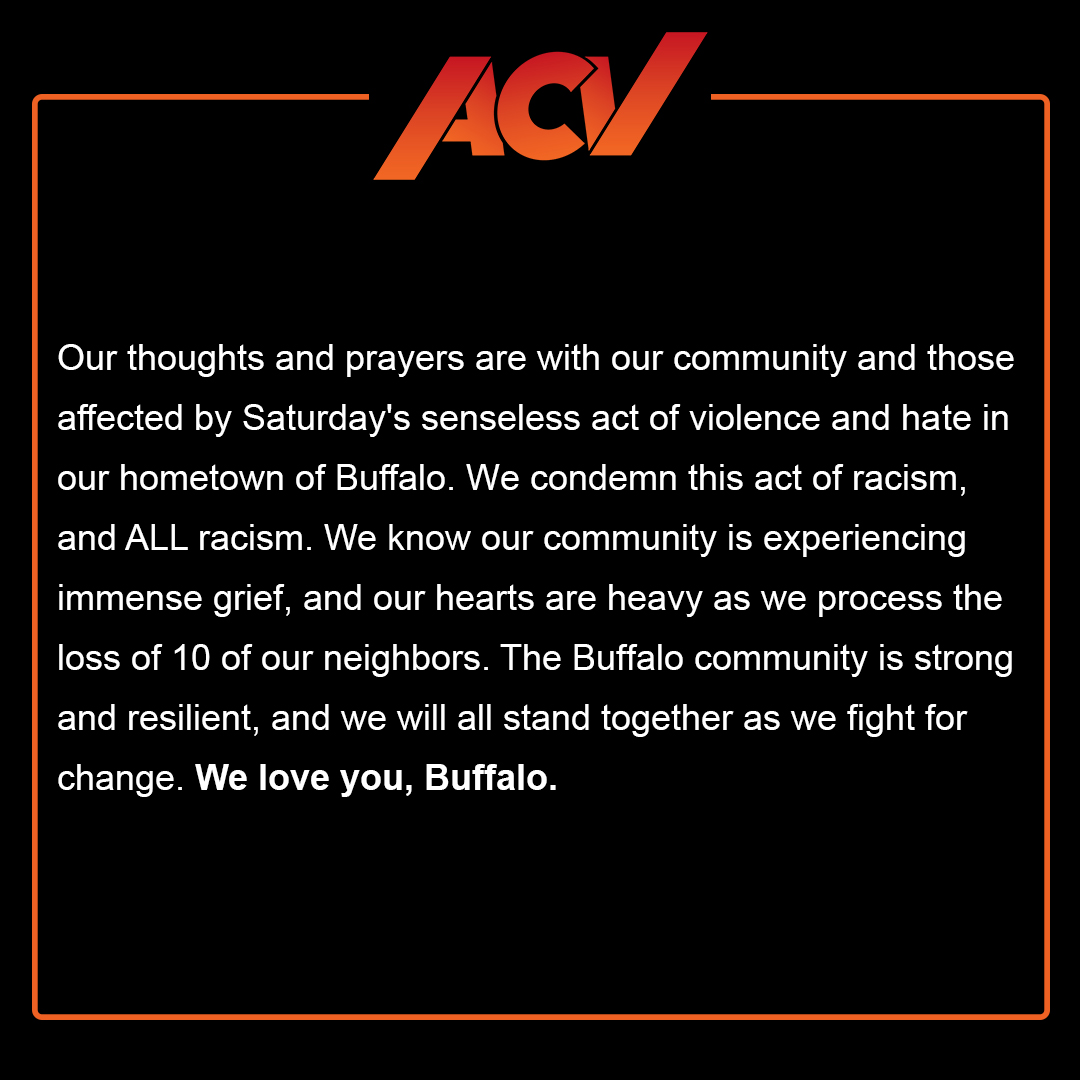 ACVAuctions's tweet photo. Our thoughts and prayers are with our community and those affected by Saturday's senseless act of violence and hate in our hometown of Buffalo. We love you, Buffalo. #ACVAuctions https://t.co/Wm924zQ8dK
