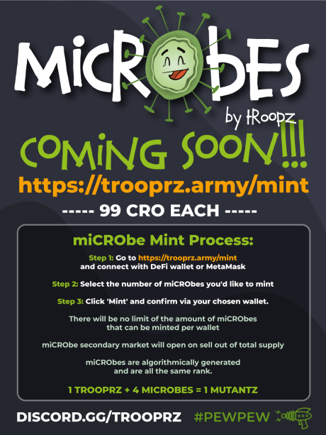 TrooprzArmy's tweet photo. 🚨UPDATED miCRObes CLAIM &amp; MINT TIMES 🚨

miCRObes CLAIM End: 16 May 2022 22:00 BST

miCRObes MINT Start: 17 May 2022 13:00 BST

miCRObes Supply: Approximately 2000 miCRObes 

miCRObes Cost: 99 CRO

LAST CHANCE TO CLAIMhttps://trooprz.army/claim

#miCRObes #claim #CRO #cronos https://t.co/JVHXram2V9