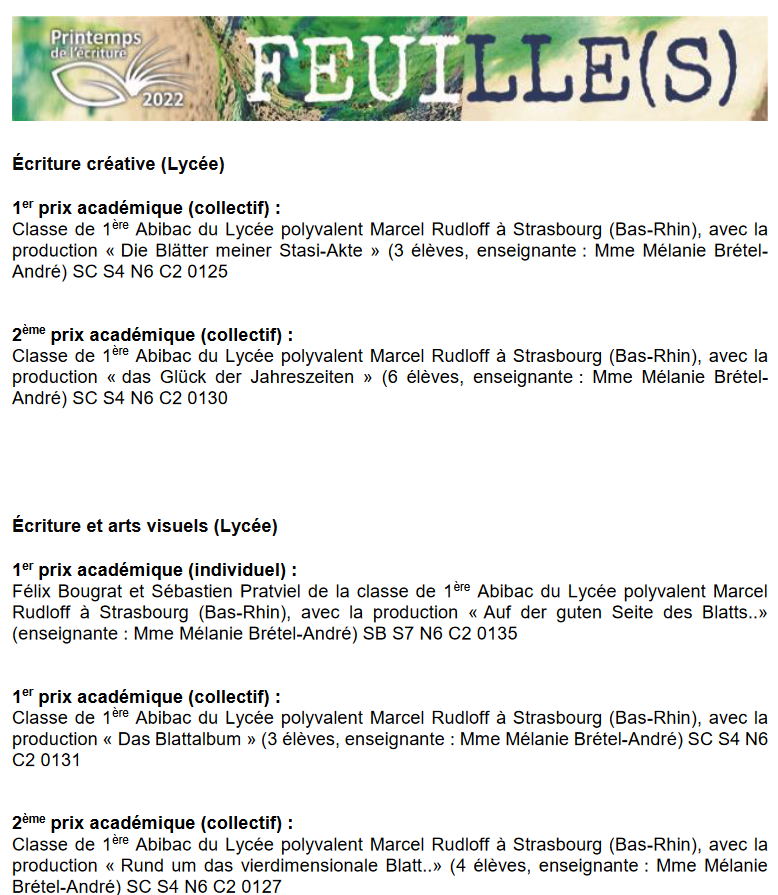 MBAndre67's tweet photo. Une magnifique moisson de prix au Printemps Ecriture 2022 pr la classe de 1re Abibac  #LyceeRudloff : 7 prix en langue allemande! Bravissimo à mes élèves pour la qualité de leurs productions! Quel(s) talent(s)! @OlivierFaron @DaacStrasbourg @DarilvStras @rod_raffin @LamonJuliette https://t.co/xf6OInqH2z