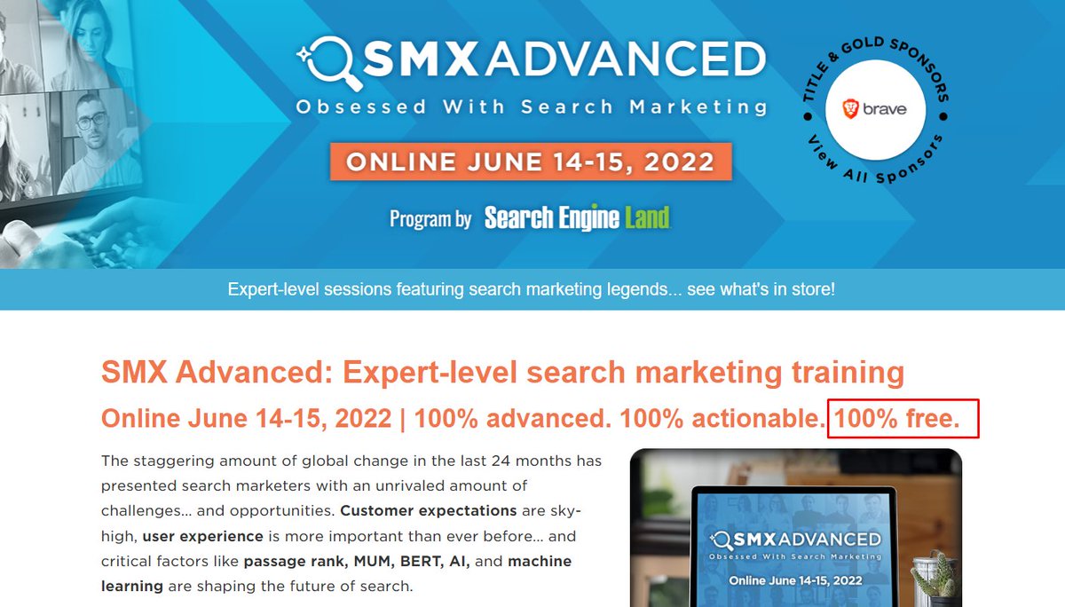 Important note: SMX Advanced is totally FREE. You can register today at glennga.be/3FXJSc4.

There's a great lineup of speakers covering several important topics. And again, if you're interested in major algorithm updates, be sure to attend my 11:40 session on Wed 6/15 :)