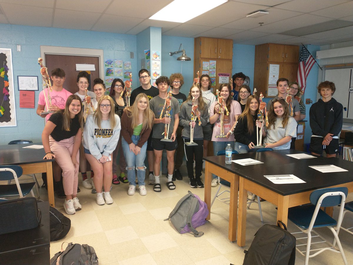 MrsDowMHS's tweet photo. The Human Body Systems classes said goodbye to their skeletal models today. They've worked so hard this year to add  organs, vessels, and other tissues to the models while learning human anatomy. They hopefully had some fun, too! https://t.co/0LAJWhwpVH
