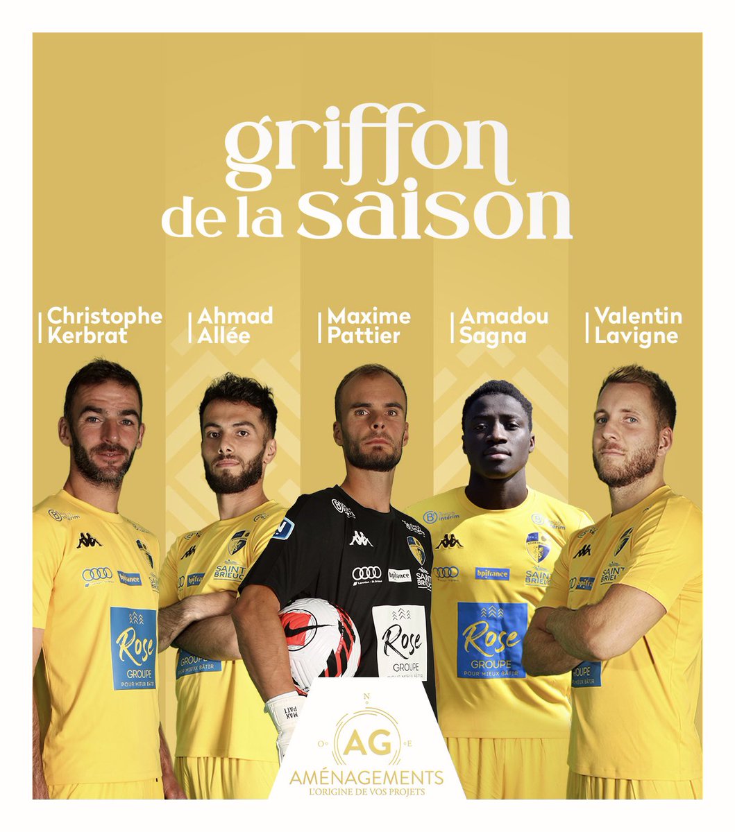 StadeBriochin's tweet photo. Griffon de la saison 🏆

Vous avez découvert durant le week-end les 5 joueurs sélectionnés pour le trophée du #Griffon de la saison 2021-2022 ! 
🟡🔵

🗳 Choisissez qui de Christophe Kerbrat, @ahmouille, @MaxPattier, Amadou Sagna ou @V_Lavigne31 sera l’heureux élu ! 

#golestade https://t.co/1xlVIByvxl