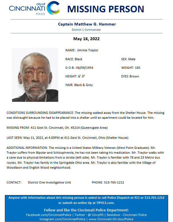 Please Share: Mr. Traylor has not been seen since 5-11-22 and suffers from bipolar disorder and schizophrenia and hasn't been taking his medication. If you know his whereabouts, please call police.