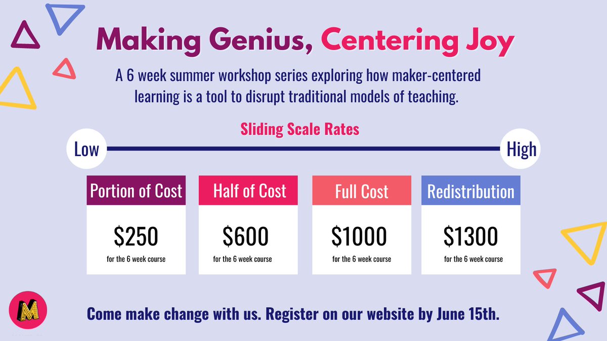 MakerEdOrg's tweet photo. Come one, come all! Our amazing 6 week summer #workshop sessions focused on #making #equity #criticality and more are coming soon — it's time to register! 🔗
First 30 people to register win a #free book and an arts and crafts #makerkit! Sign up now: https://t.co/4GGgLtJLX4 📓 https://t.co/K6YuBKX6wC