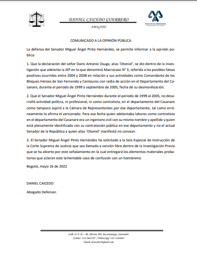 AbogCaicedo's tweet photo. ATENCIÓN!
Comunicado de la defensa del Senador @MiguelPintoH1 .
@NoticiasCaracol @NoticiasRCN @BluRadioCo @BLUSantanderes @CaracolBga @CaracolRadio @RCNBga @RevistaSemana @ELTIEMPO @elespectador
@vanguardiacom @AlfonsoPinedaCh https://t.co/GoKyXdLHxy