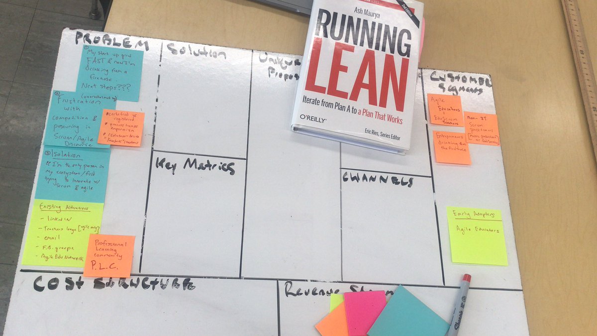 SchoolOfScrum's tweet photo. Iterating my #leancanvas today on my lunch break. This weekend, I was fretting - ‘cause I decided to grow an audience without a finding product that brings value to people. Today I found some solace in #runninglean. There’s so much value in building an audience to test fit with! https://t.co/tPhfJeMaUw