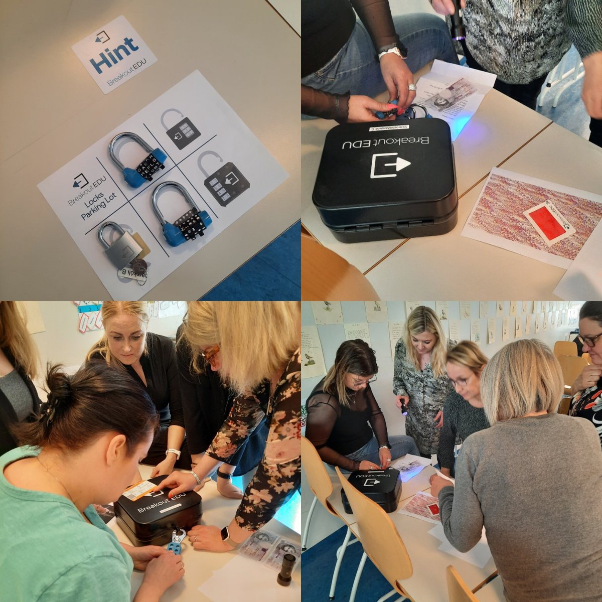 HildurArnaH's tweet photo. Það vantaði ekki keppnisskapið hjá þessum snillingum í Árbæjarskóla 😅 þegar ég var með Breakout EDU námsskeiði fyrir kennara í dag 🥳 Ef þinn skóli hefur áhuga á námskeiði má senda mér línu! 🎉 #menntaspjall #breakoutedu https://t.co/u5c4GfNbCi