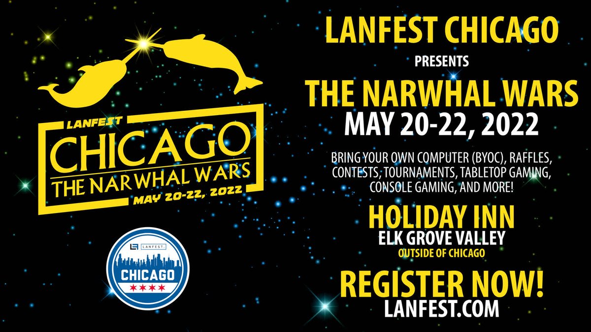 LANFestChicago's tweet photo. There's still time! Get your last-minute tickets now! Narwhal Wars 2022 is THIS weekend, May 20-22! Let the battle begin between good and evil!
#LANFest #NarwhalWars #LANFestChicago @ChiHomeless @HolidayInn
https://t.co/gcRlwerJSh https://t.co/vBQICTek0Z