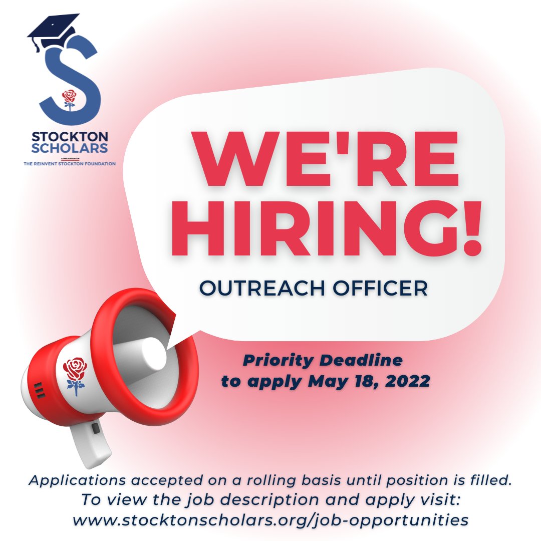 JOIN THE <a href="/StocktonScholar/">Stockton Scholars</a> Team!

📣 The Reinvent Stockton Foundation is searching for a highly skilled and highly motivated individual to serve as an Outreach Officer for the Stockton Scholars program. lnkd.in/g94Zur9x

#stocktonscholars