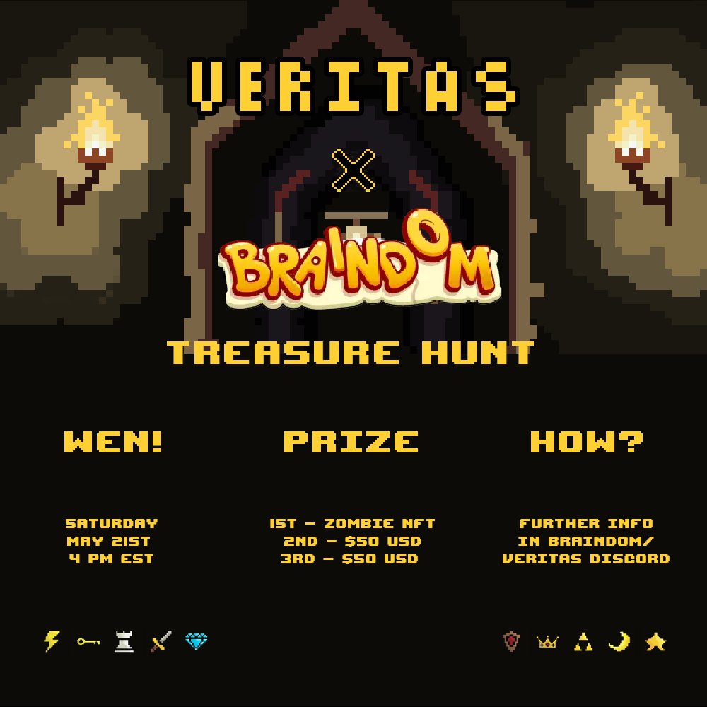 🎉 BRAINDOM TREASURE HUNT 🎉

We've partnered with <a href="/VeritasTheHunt/">Veritas</a> for a custom treasure hunt!

Details are in the attachment below. Great prizes and tough riddles!

Follow <a href="/VeritasTheHunt/">Veritas</a>, RT this tweet, and tag friends to get ready!