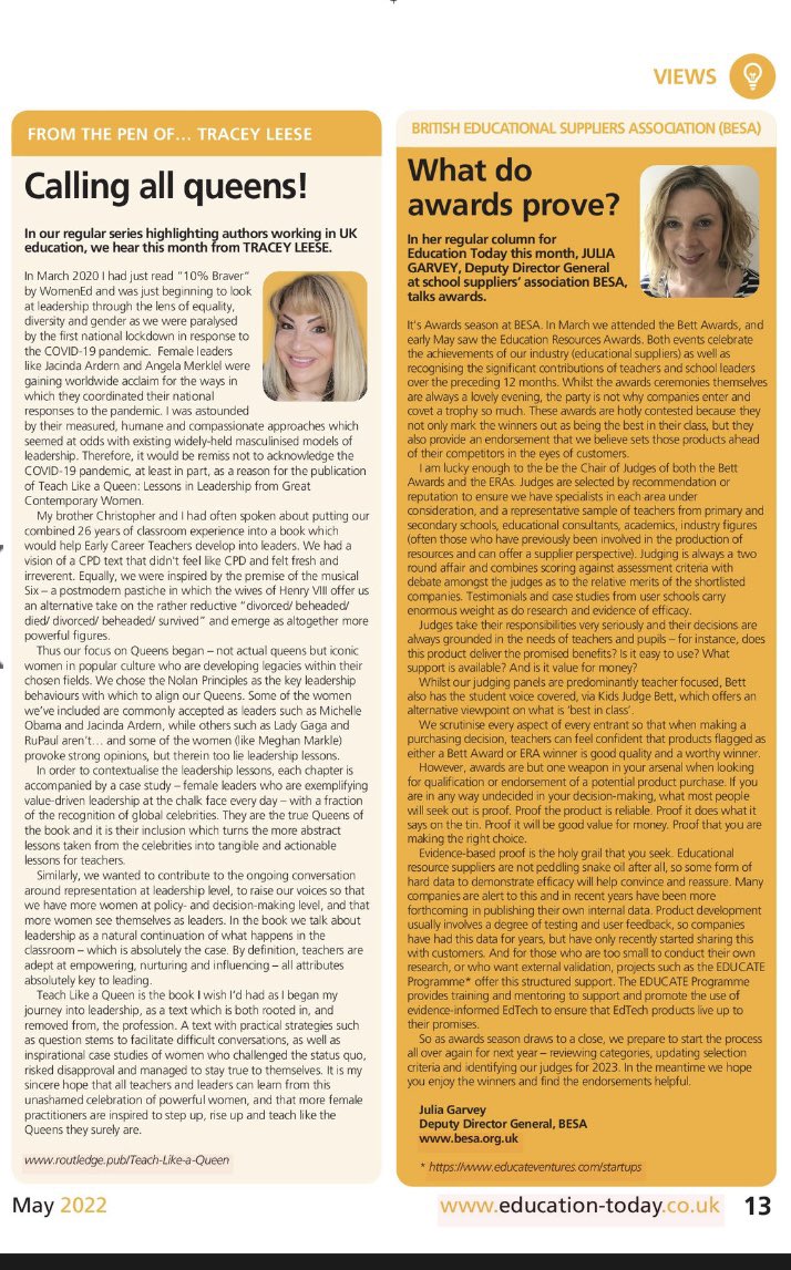 Thrilled to be talking all things queen in this month’s issue of @EdTodayMag couldn’t resist mentioning @WomenEd @RoutledgeEd @AnnamarieKiWy @Molly_Routledge #teacherauthor #womened #edutwitter