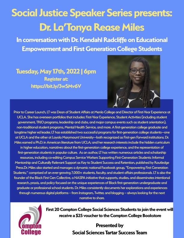 DrLTMiles's tweet image. What's good @ComptonCollege?  Looking forward to hanging out with you tomorrow.  I'll be sharing my journey as a #blackfirstgen student and the impact that ethnic studies had on me as a student.