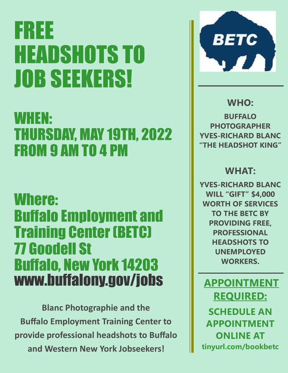 betc716's tweet photo. The BETC is working with "The Headshot King" to offer FREE professional headshots for job seekers. 
This opportunity will take place on Thursday, May 19th at the BETC. To schedule an appointment, go directly online to https://t.co/S05hRansJR . 
#FREEHEADSHOTS #buffalony #betc https://t.co/YeoCPBuBUv