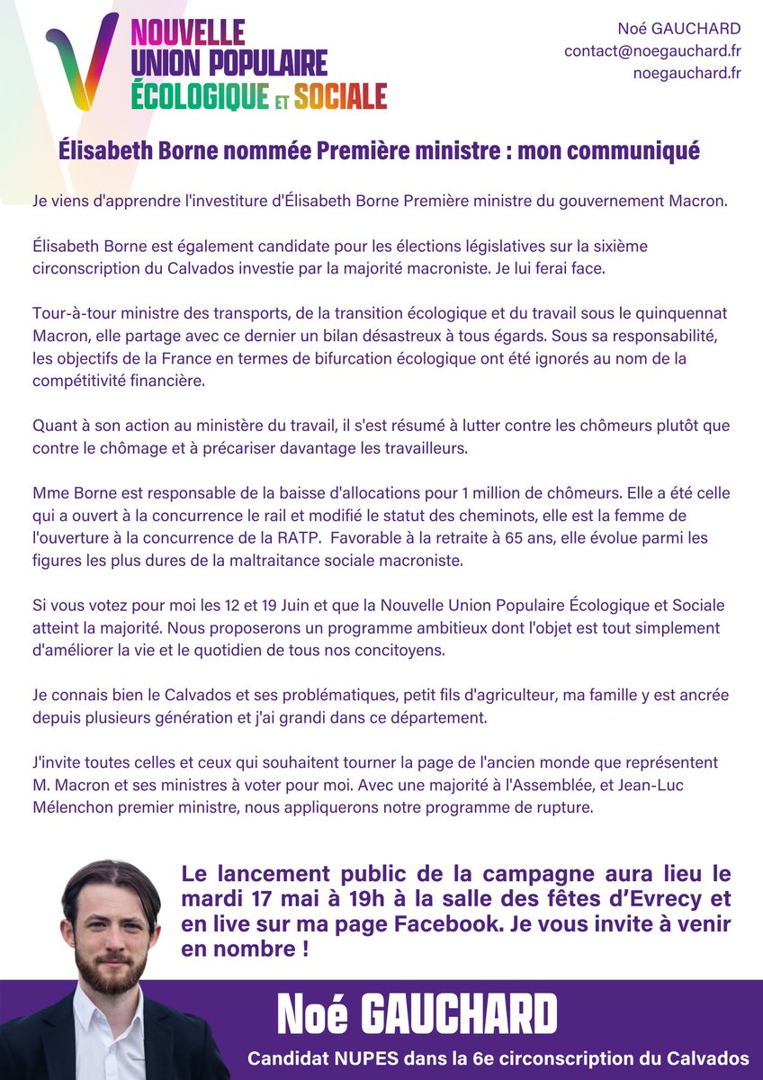 GauchardNoe's tweet photo. J’affronterai donc la Première ministre #ElisabethBorne aux élections législatives : mon communiqué ⬇️

Les 12 et 19 juin, envoyez un normand à l’assemblée !

#NUPES #Législatives2022 #Calvados #circo1406 #PremierMinistre https://t.co/nT3k1qJY5y