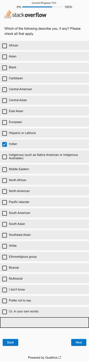 sonykanak's tweet photo. While filling the #developers survey question at #stackoverflow, I found they have an option to choose "#Indian" ๐ฎ๐ณ.
#code #IT #tech #WomenInSTEM #Womewhocode #GirlsWhoCode #programmer #developers https://t.co/gDecxd3uda