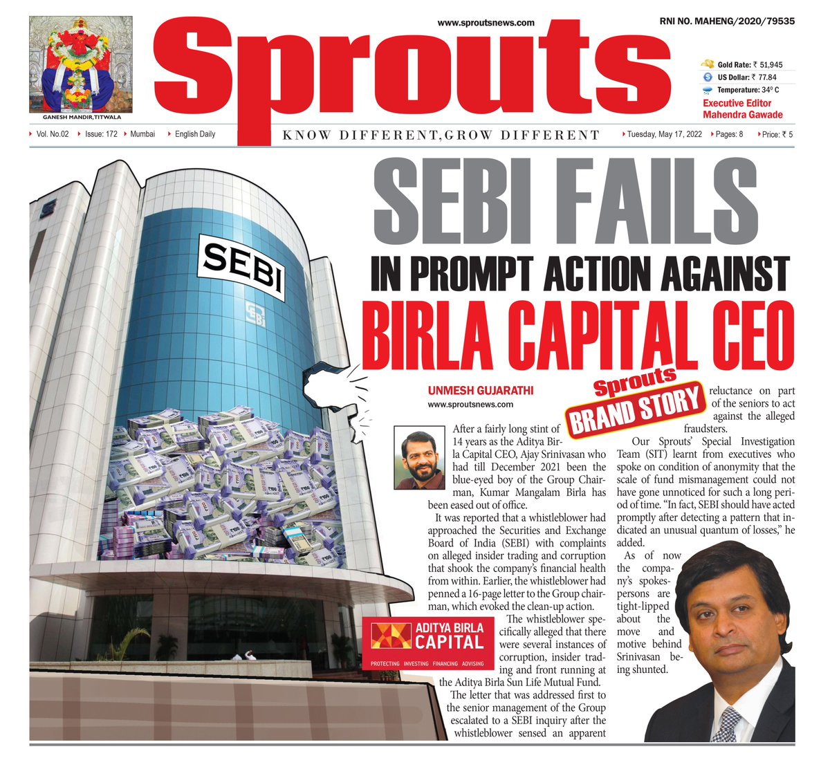 SEBI fails in prompt action against Birla Capital CEO  
bit.ly/3sF8rVw #UnmeshGujajarathi #sproutsnews #SEBI #birlacapital  @abcapital #BirlaCapital @AAPMumbai @Dhananjay4AAP #KumarMangalamBirla  #AjaySrinivasan @PreetiSMenon