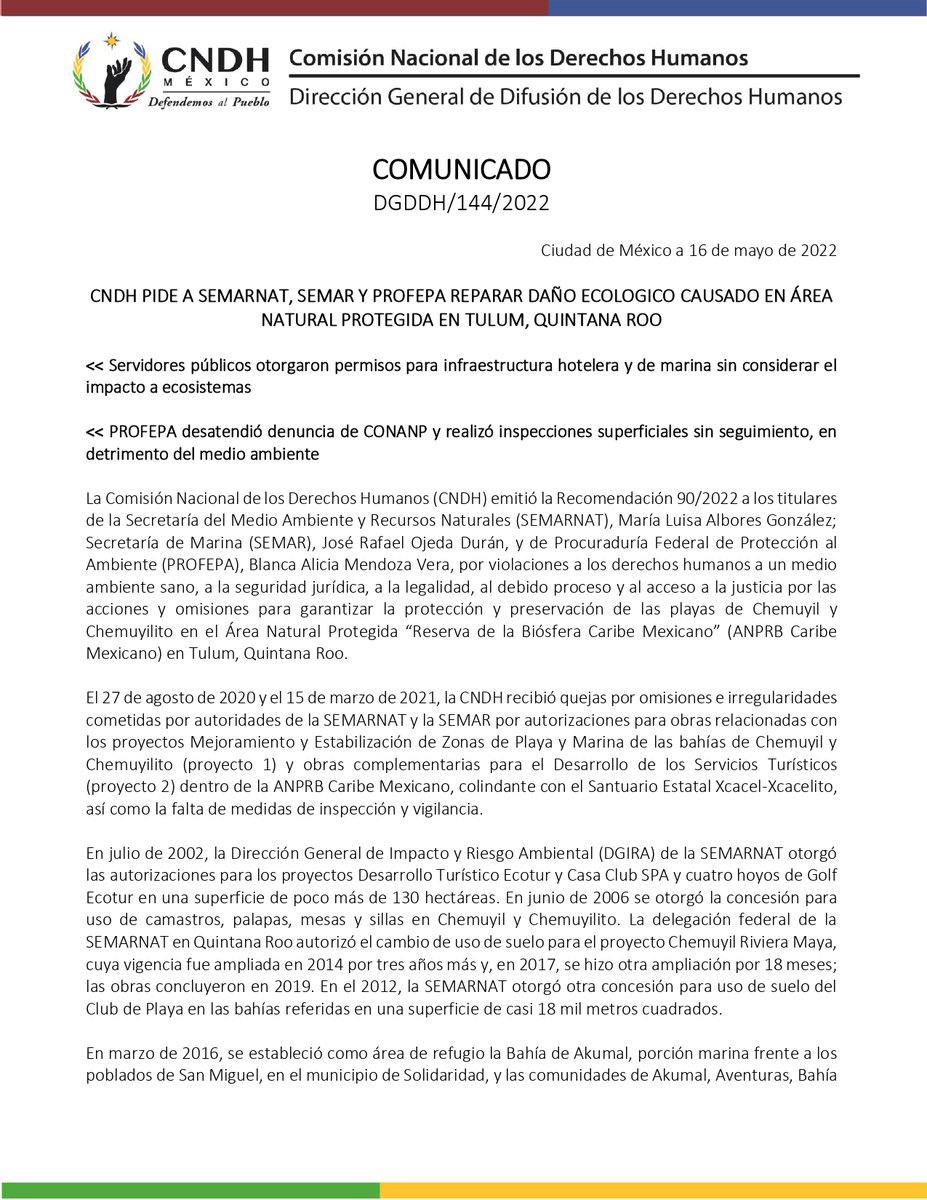CNDH's tweet photo. La @SEMARNAT_mx, @SEMAR_mx y @PROFEPA_Mx omitieron garantizar la protección y preservación de las playas de #Chemuyil y #Chemuyilito en #Tulum, #QuintanaRoo, por lo que emitimos la #Recomendación 90/2022. Puedes consultarla aquí 👇🏾

🔗 https://t.co/2hHJVfQRVI

#DefendemosAlPueblo https://t.co/0PEMLVcEWw