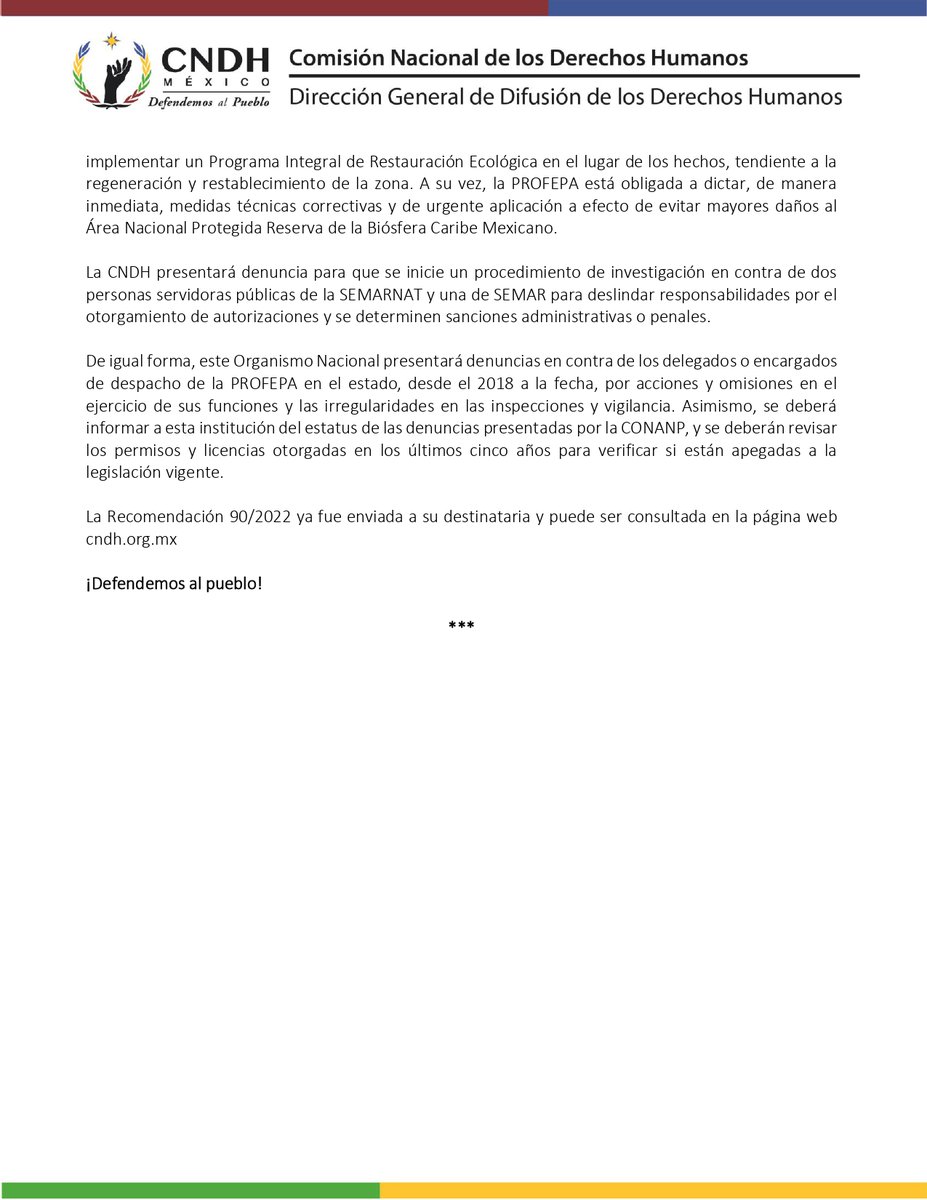 CNDH's tweet photo. La @SEMARNAT_mx, @SEMAR_mx y @PROFEPA_Mx omitieron garantizar la protección y preservación de las playas de #Chemuyil y #Chemuyilito en #Tulum, #QuintanaRoo, por lo que emitimos la #Recomendación 90/2022. Puedes consultarla aquí 👇🏾

🔗 https://t.co/2hHJVfQRVI

#DefendemosAlPueblo https://t.co/0PEMLVcEWw