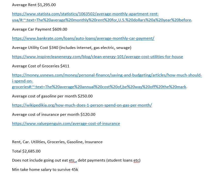 Pablo01618's tweet photo. @CNBC I updated this for you with actual figures of what things cost... at 45k per year you can afford basics with no disposable income.. $0 I also cited sources.. @acorns #inflation #fullofsh$t https://t.co/3EmHyRdk4O
