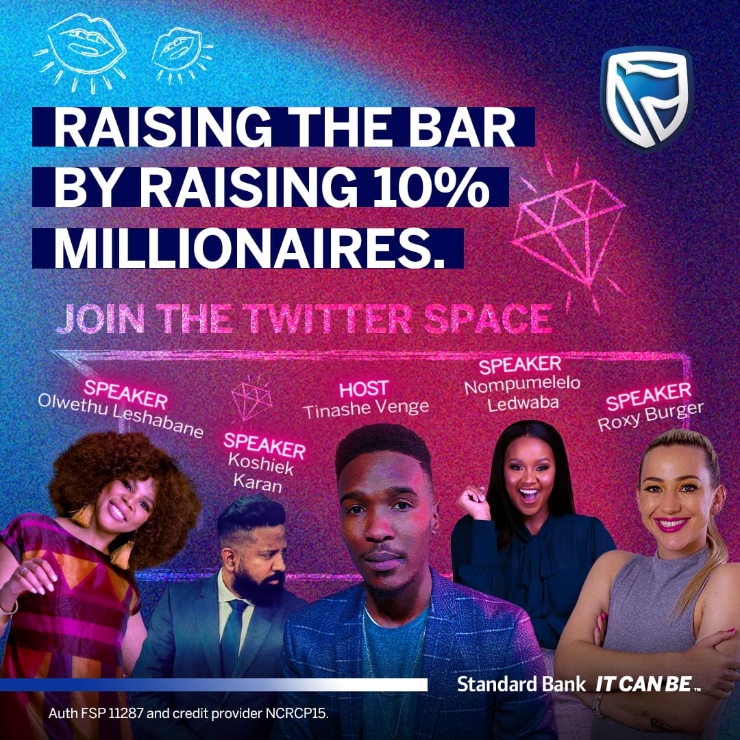 tnvenge's tweet photo. We're raising the bar by raising 10% Millionaires 💰💸

I'm excited to host @olwe2lesh, @iamkoshiek, @mpoomy_ledwaba and @RoxyBurger for a parent-themed @StandardBankZA Twitter Space tomorrow at 7 PM!

Like this tweet to join the space – and ask questions using #10pM.

#ItCanBe https://t.co/qKBPBpK3Qw