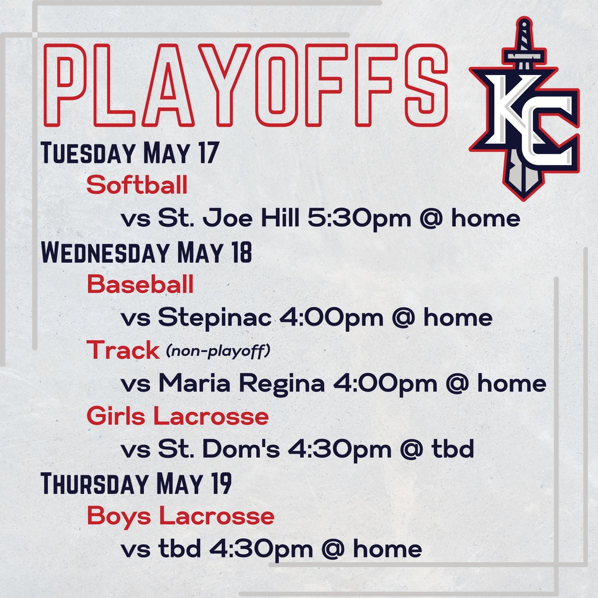 KennedyGaels's tweet photo. It's playoff season for our Spring Sports teams.  Come support your Varsity Gaels at their play off match ups this week as we host several competitive teams! Go Gaels! https://t.co/eNkivIrcZ8