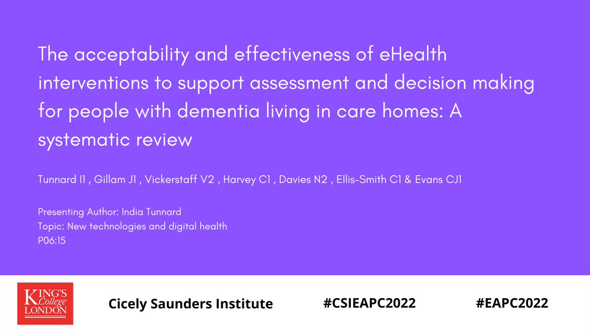Cicely Saunders Institute at King's (@csi_kcl) on Twitter photo Pleased to present a poster detailing findings from an upcoming systematic review on acceptability & effectiveness of telehealth for people living with dementia in care homes from the EMBED-Care Programme <a href="/ITunnard/">India Tunnard</a> <a href="/CatherineJanee1/">Prof Catherine Evans</a> <a href="/ClareEllisSmith/">Clare Ellis-Smith</a> @NahthanDavies50 <a href="/vvickerstaff/">Vicki Vickerstaff</a> Pleased to present a poster detailing findings from an upcoming systematic review on acceptability & effectiveness of telehealth for people living with dementia in care homes from the EMBED-Care Programme <a href="/ITunnard/">India Tunnard</a> <a href="/CatherineJanee1/">Prof Catherine Evans</a> <a href="/ClareEllisSmith/">Clare Ellis-Smith</a> @NahthanDavies50 <a href="/vvickerstaff/">Vicki Vickerstaff</a>