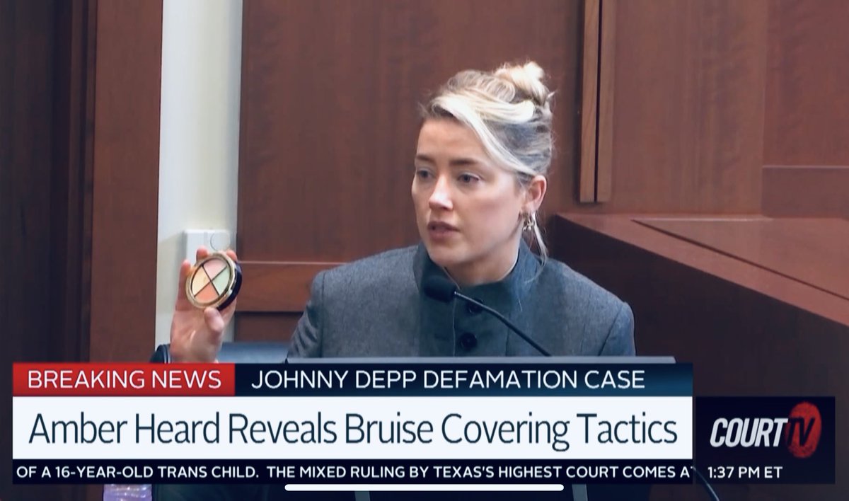 ⚖️🚨This is obviously not the one I used… (Pointing to the makeup used as a prop in opening statements was not manufactured yet) 

#Amber details how she covered bruises with makeup. 

“I always wear makeup,”~AH 

<a href="/CourtTVUK/">CourtTVUK</a> <a href="/CourtTV/">Court TV</a> #DeppHeardTrial #JohnnyDepp #Amberheard
