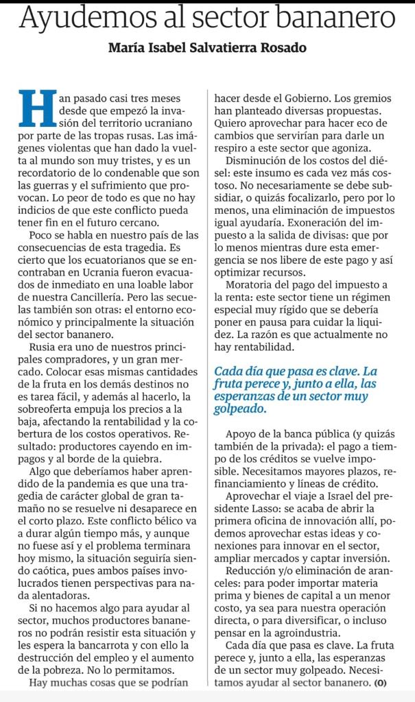 Ayudemos al sector bananero:

Disminuir costos en diésel
Moratoria del pago del IR
Apoyo de la banca
Eliminar aranceles

Cada día que pasa es clave. La fruta perece y, junto a ella, las esperanzas del sector.

Comparto mi columna de hoy en <a href="/eluniversocom/">El Universo</a>.
eluniverso.com/opinion/column…