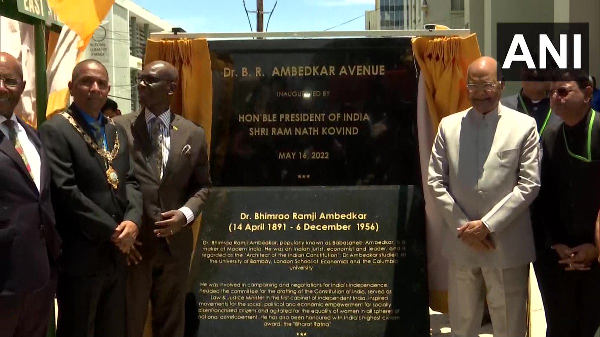 ANI's tweet photo. President Ram Nath Kovind inaugurated 'Dr. BR Ambedkar Avenue', a road named after Bhimrao Ramji Ambedkar in Downtown of Kingston, Jamaica https://t.co/RgXQQ4AH5k