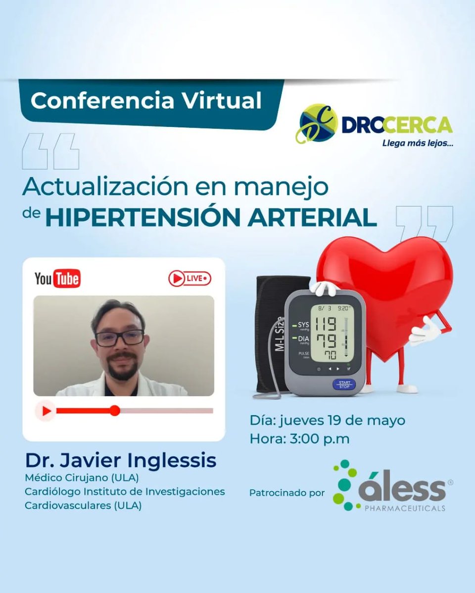 DROCERCA's tweet photo. En la semana de la #hipertensión❤️🩺, junto a @AlessPharma, traemos el #webinar "Actualización en el manejo de la hipertensión arterial" con el Cardiólogo Javier Inglessis

📅: jueves 19 de mayo
🕒: 3:00 p.m
💻: YouTube Live

Ingresa al link y regístrate  https://t.co/v3P04YzsaD https://t.co/DhjYtaf99s
