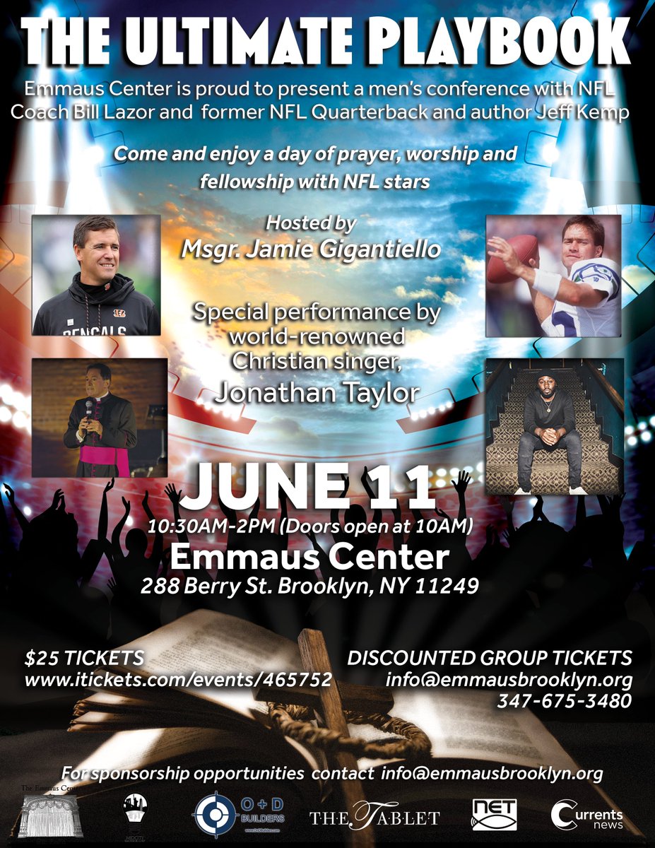 Sign up today for "The Ultimate Playbook" - a men's conference with NFL Coach @Lazor_Bill, #NFL Quarterback <a href="/JeffKempTeam/">Jeff Kemp</a>, and <a href="/MsgrJamie/">+ Jamie Gigantiello</a> of the <a href="/BrooklynDiocese/">Diocese of Brooklyn</a> happening June 11th in #Brooklyn, supported by <a href="/CurrentsNews/">Currents News</a> <a href="/TabletNewspaper/">The Tablet</a> and <a href="/NETnyTV/">NET TV</a> #football #Faith