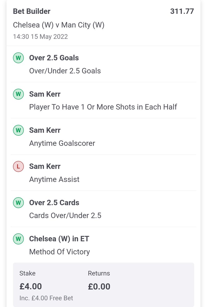 Prime_J_'s tweet photo. The odds were still 290/1 without the Sam Kerr assist 😫

£1100 return from a free bet if I didn't include the assist 🙃 https://t.co/EXWFk2LvHC