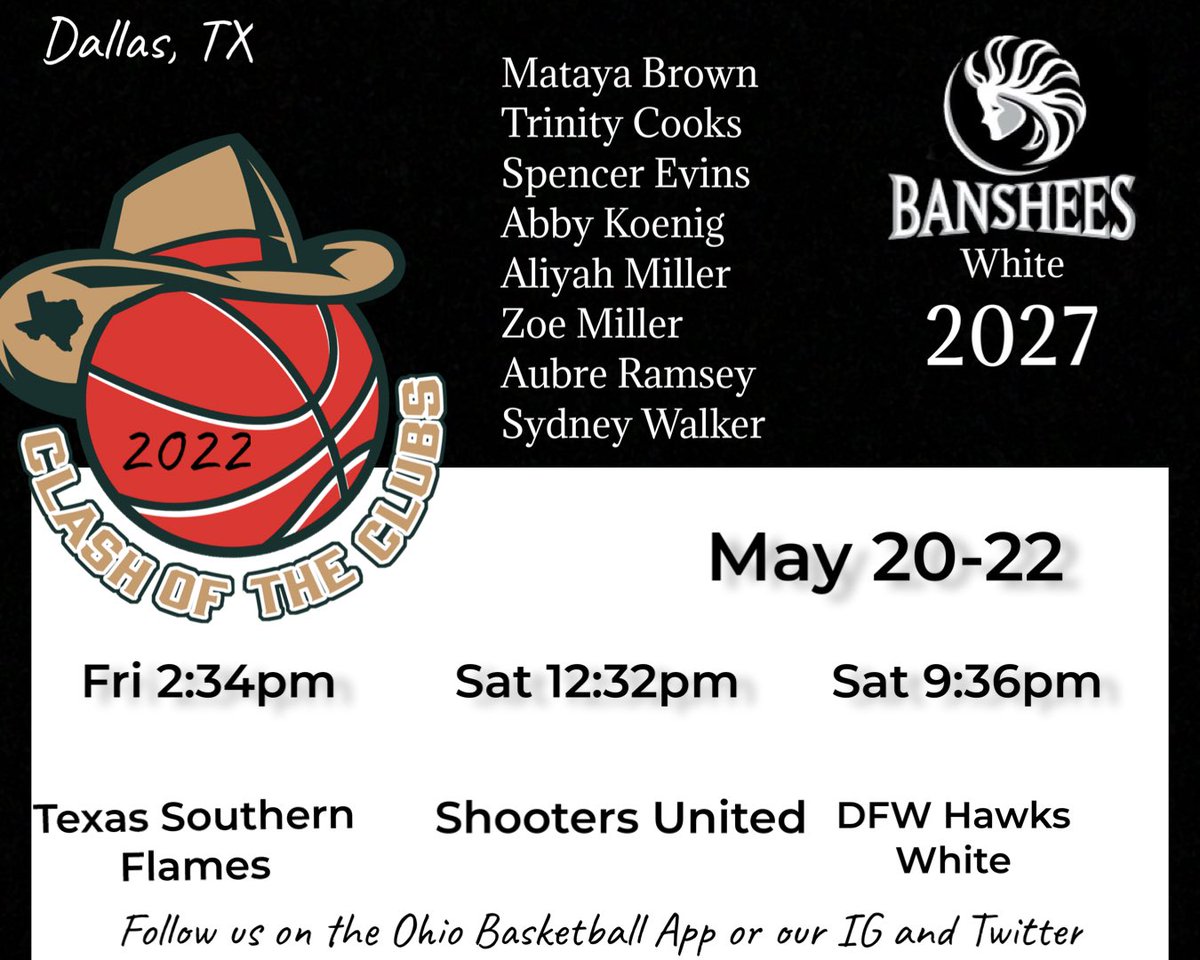 banshees2027's tweet photo. Come see us in Dallas this weekend! Two teams in Aqua Division! @ohiobasketball Clash if the Clubs @Bansheefam @trinity_cooks @faith_sartor @matayabrownn @ryanne_nelke @Jaceyhalitzka1 @ReportVarsity @PrepGirlsHoops https://t.co/grQRXOiUBB