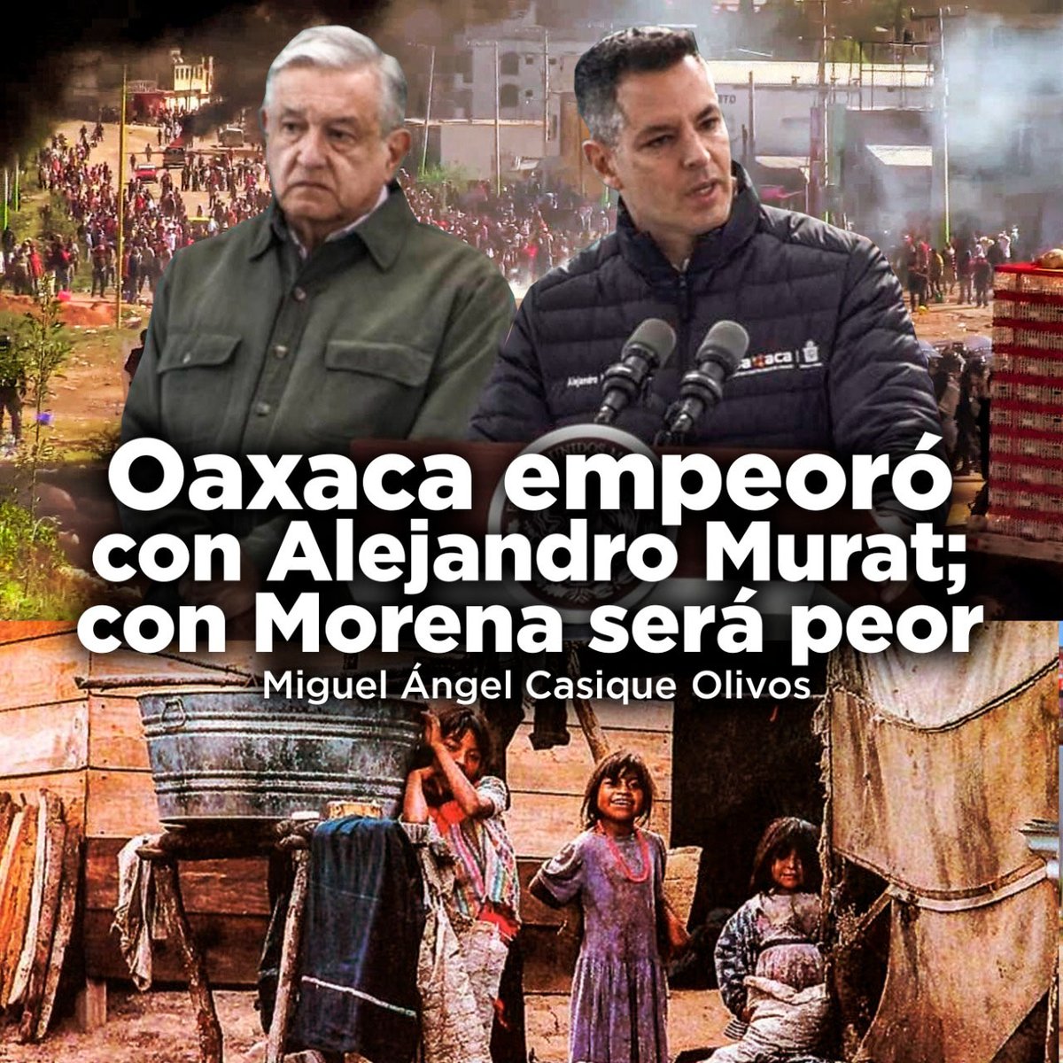 MCasiqueOlivos's tweet photo. #Oaxaca empeoró con @AlejandroMurat; con Morena será peor. Mi columna #EsténtorPolítico que publica la revista @BuzosNoticias. "Los oaxaqueños saben que Oaxaca empeoró en 6 años; y que con el gobernador que llegará se pasará de la sartén a la lumbre". https://t.co/ABlP4RvJuP https://t.co/8Dx6Lr2hqC