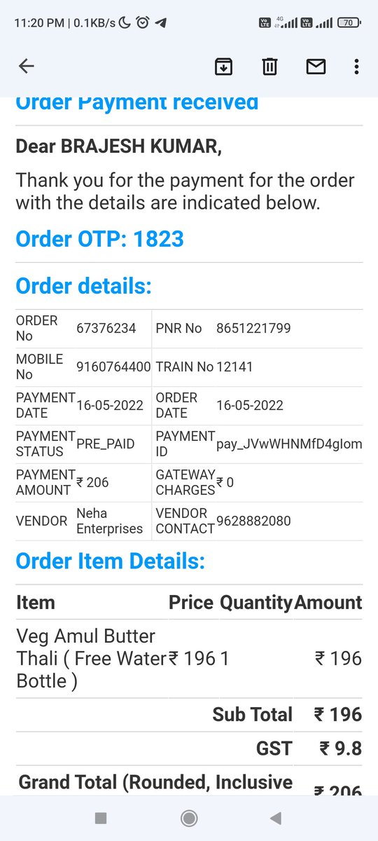 brajesh613's tweet photo. Not received the food...Who should compensate for the hunger for whole night journey. @eCateringIRCTC @MinisterRailway @PMOIndia https://t.co/bRdBFFfC2y