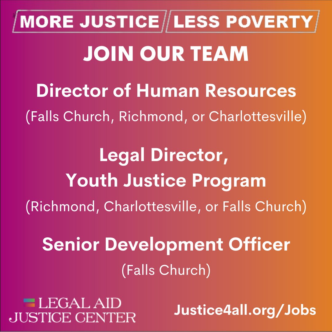 We are #hiring for a number of positions across our offices in #Richmond, #Charlottesville, and #NoVa! Learn more about open positions and see how to apply here: justice4all.org/contact-us/job…