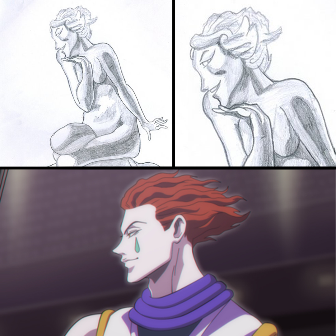 Feriassauro's tweet photo. Achei uns trabalhos da facul, e o meu primeiro de desenho de observação era de uma escultura... só que agora vejo que ficou a cara do Hisoka de HunterxHunter https://t.co/txXLHZSCKP