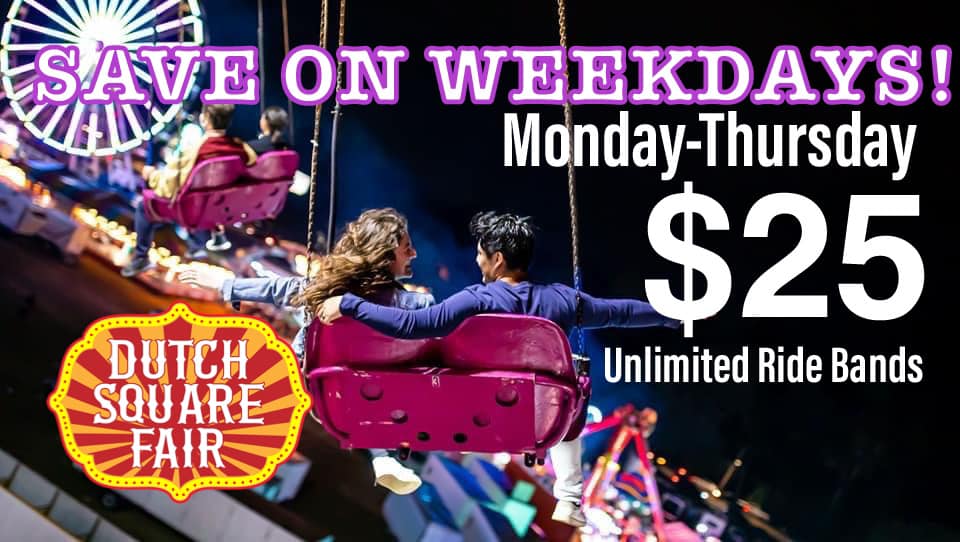 stratesshows's tweet photo. Ride Monday to Thursday &amp; SAVE! Unlimited Ride Bands JUST $25! Gates open at 4p today! Free gate admission! Free parking. The Dutch Square Fair in Columbia (421 Bush River Rd) Rides! Games! Food! Family Fun! Open today until May 29th. #DutchSquareFair #StratesShows https://t.co/8yK3HNswsr