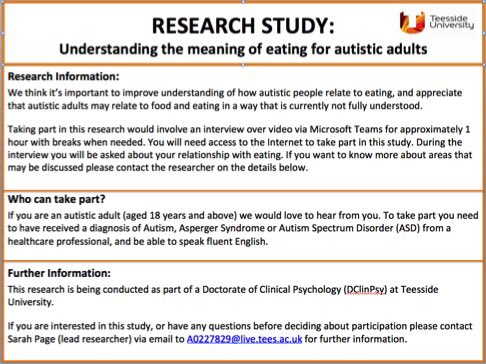 One of our Doctorate in Clinical Psychology students <a href="/sarah_e_page/">Sarah Page</a> is looking for participants for her #research, which aims to understand the meaning of #eating for #autistic adults. See info ⬇️ and please consider taking part