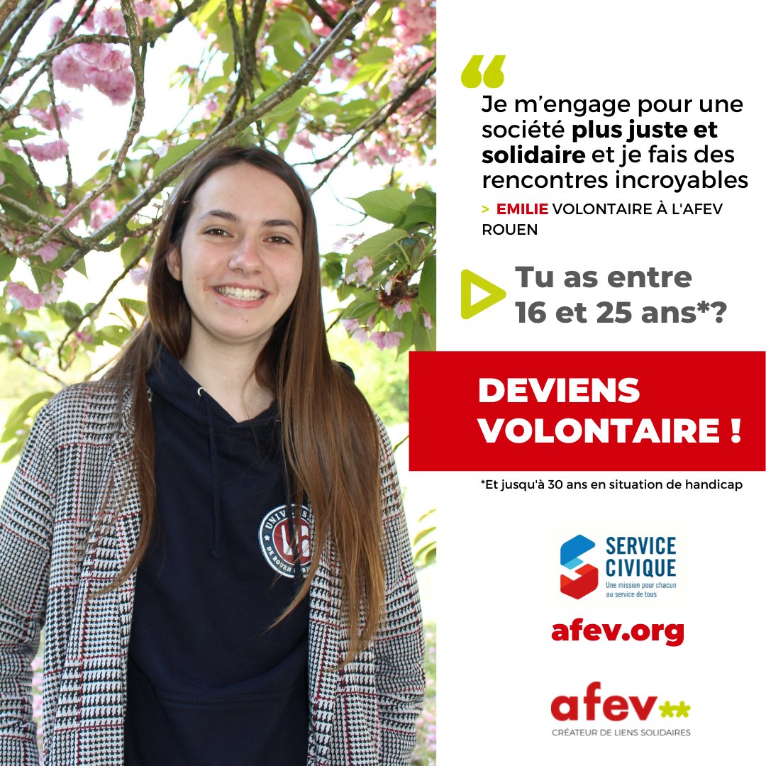 AfevFrance's tweet photo. Envie de contribuer à une #société + juste et #solidaire pendant ton année de césure à la rentrée prochaine ?  Fais un @ServiceCivique avec nous et développe tes #compétences avec une équipe d’engagé·es  qui partage tes convictions 👉 https://t.co/k9fxTM4jc5 https://t.co/zGm3i41eE6
