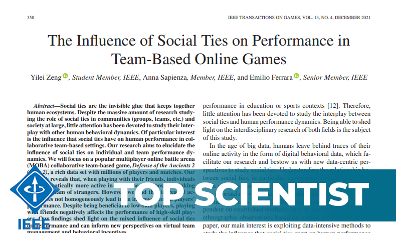 IEEETxnOnGames's tweet image. Highlighting one of the top scientists published with #ToG @emilio__ferrara known for his work on #socialbots. 

Recently as co-author with @Yilei_Zeng and Anna Sapienza in Dec 21 issue on the social aspects of performance in #teambased games.

ieeexplore.ieee.org/document/87377…

#groupware