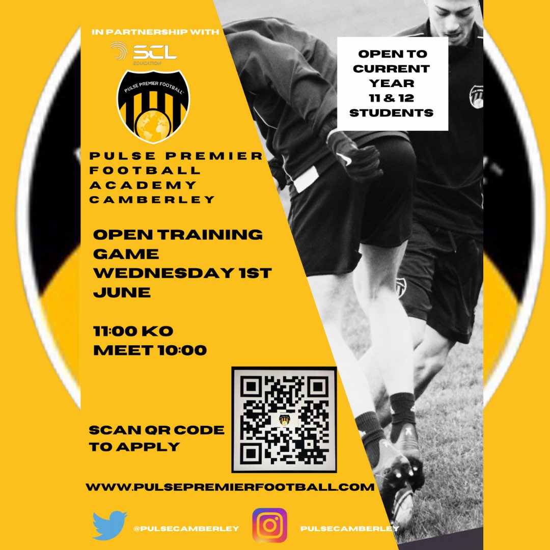 ⚽️REMINDER ⚽️
Just over 2 weeks to go until our next 11 v 11 training game.
If you are in Year 11 or 12 and need a break from the revision during half term, register now and join us. #pulsefamily #development #footballandeducation