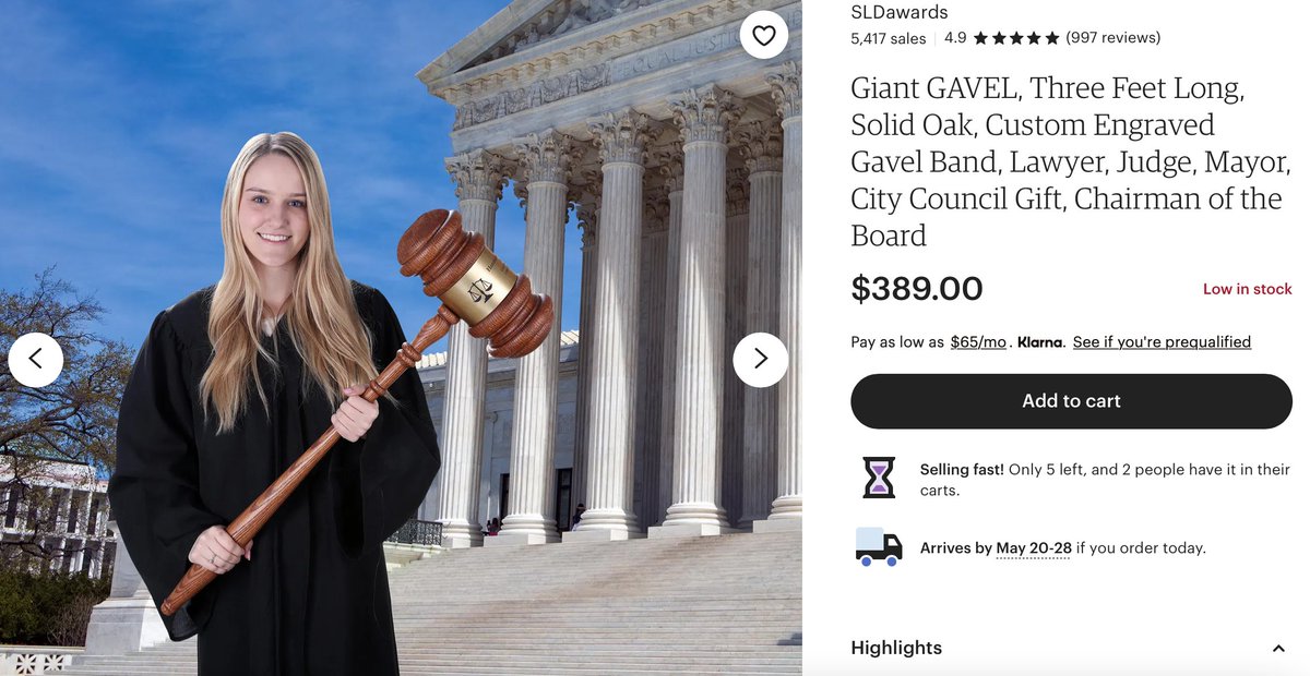SeenaVali's tweet photo. Love everything about this. Love the giant gavel.  Love the weird photo. Love that it's a gift for anyone in the legal field or anyone "who has been in any type of leadership role," generally. 

"Hey Bill, congrats on getting promoted to chief of surgery! Here's a giant gavel!" https://t.co/J8zgQMIPj0