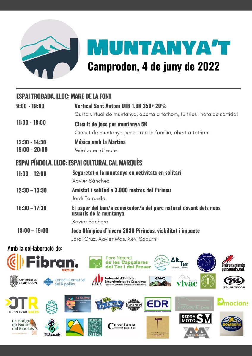 muntanyat's tweet photo. Programa #Muntanyat2022
T'esperem a Camprodon el 4 de juny.
L’accés a Muntanya’t és gratuït.
Etiqueta’ns:
#muntanyat #EspaiTrobada #EspaiPíndola
#muntanya #senderisme #correrpermuntanya #educacioambiental #visitpireneus #valldecamprodon @ajcamprodon @CCRipolles @FEEC_cat https://t.co/zaxmn1vgWF
