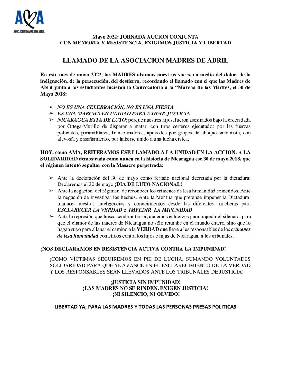 SosnicaraguaM's tweet image. ✊Nos sumamos al llamado de la asociación madres de Abril @MadresDeAbril  

#4AñosSinJusticia #AMAyNoOlvida