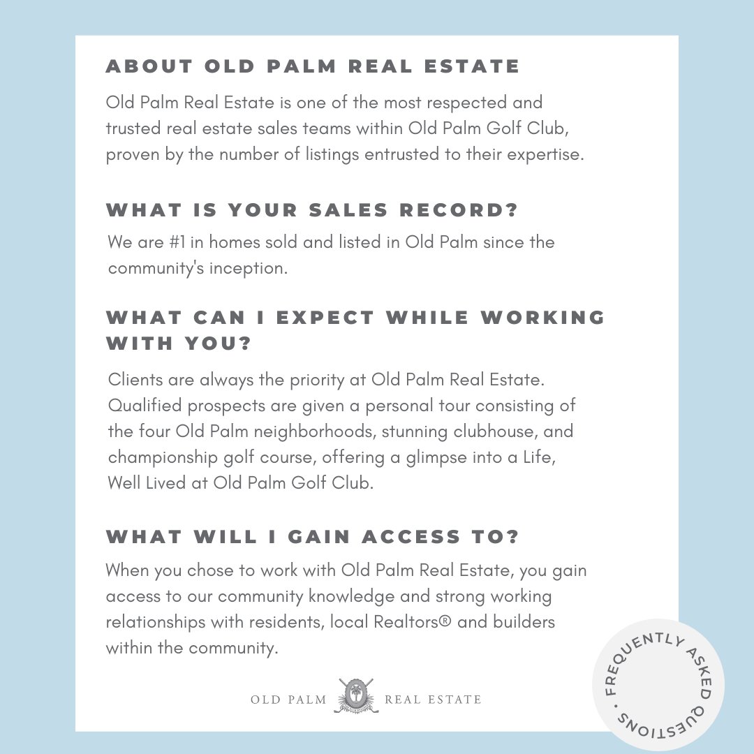 Are you interested in learning more about Old Palm Real Estate? Take a look at our buyers’ Frequently Asked Questions to get a better idea of what it’s like to partner with us. Contact us today by calling 561-493-7220 or visiting us online → bit.ly/3k4qX5B