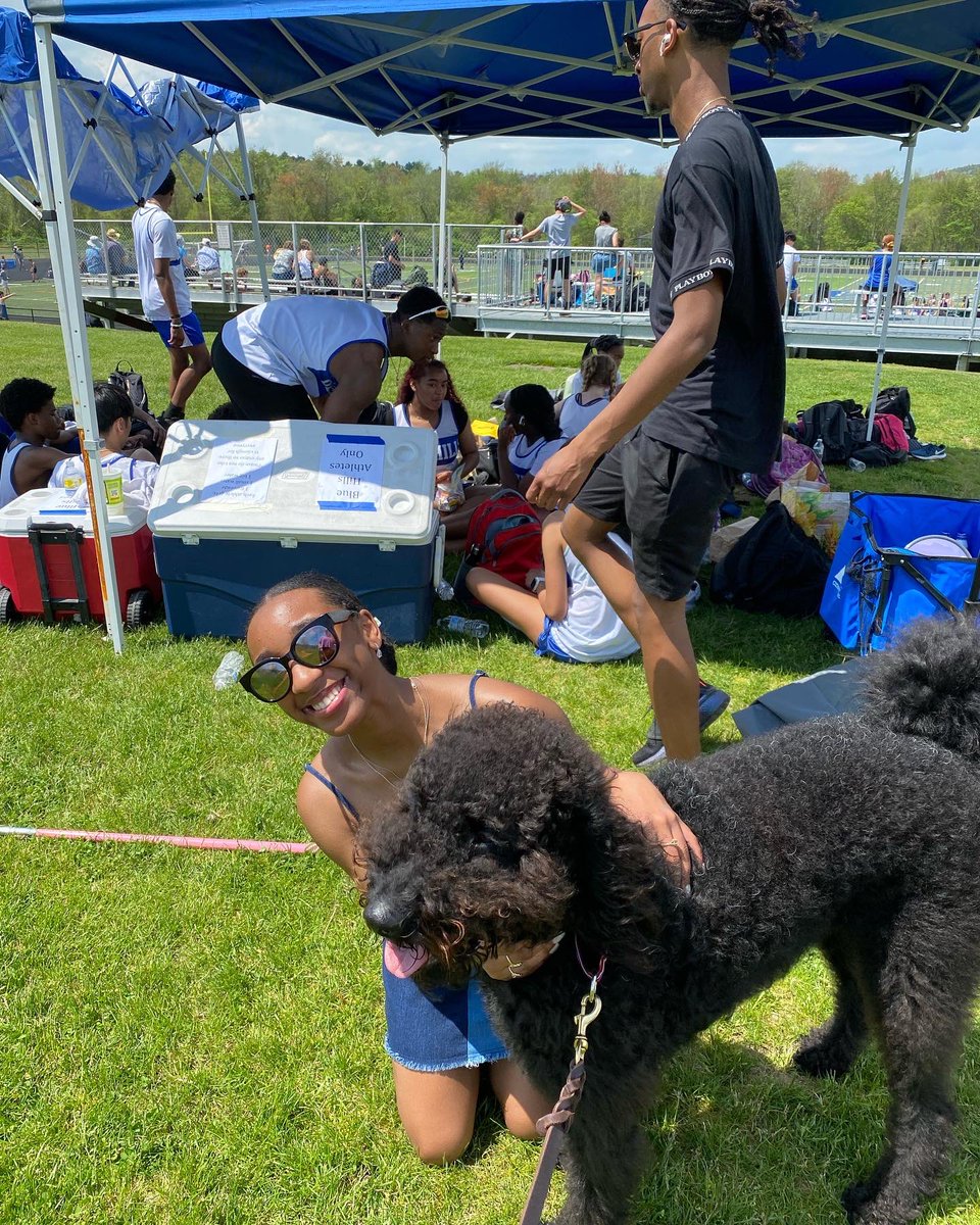bhrtech's tweet photo. Happy to host the MA Vocational Track Meet with over 450 student athletes competing! Jesseley, Senior from Health Assisting(solo with Enzo), Evita, Freshman in Graphics and Brianna, Junior in Early Ed stop to get some good luck comfort from Enzo! #MVADA #BeLikeEnzo https://t.co/E6gWNaUhQn