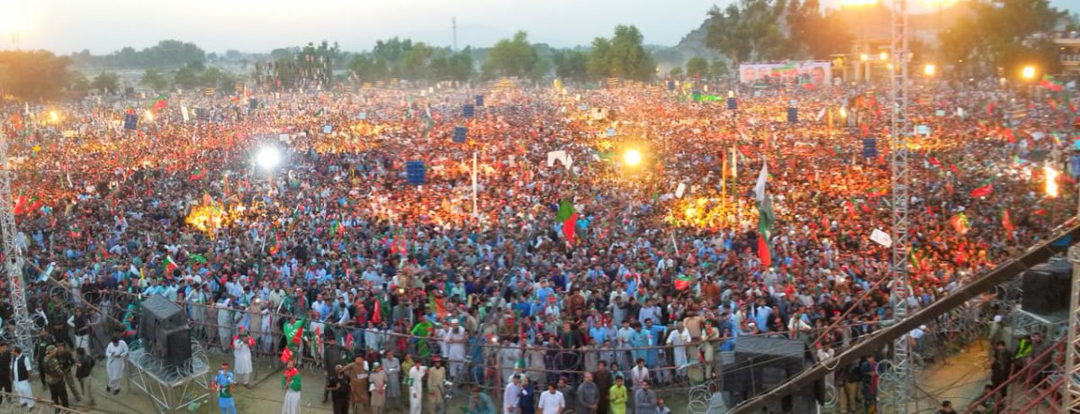 ImranKhanPTI's tweet photo. Thank your Swabi! You have reinforced what I have been witnessing in all my jalsas for the past 2 months: that something unique is happening in Pakistan. Our nation is united in its outrage at US sponsored regime change conspiracy &amp; the cabal of crooks imposed on us. #SwabiJalsa https://t.co/AvnDBxq7Fu