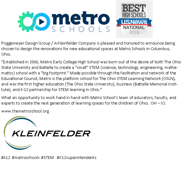 PDG1968's tweet photo. Poggemeyer Design Group / A Kleinfelder Company is pleased and honored to announce being chosen to design the renovations for new educational spaces at Metro Schools in Columbus, Ohio.  
https://t.co/RBBu5tarR0
#k12  #metroschools  #STEM   #K12superintendents https://t.co/SwAJvFqQLg